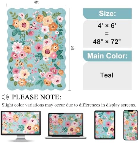 DUKINO 4x6 Area Rug, Non Slip Floral Washable Rug for Living Room, Teal - Image 2