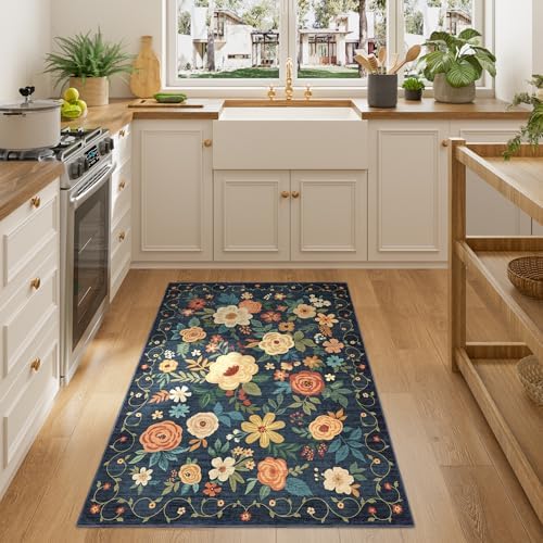 DUKINO 3x4 Area Rug, Floral Washable Rug for Kitchen Non Slip, Navy Blue - Image 3