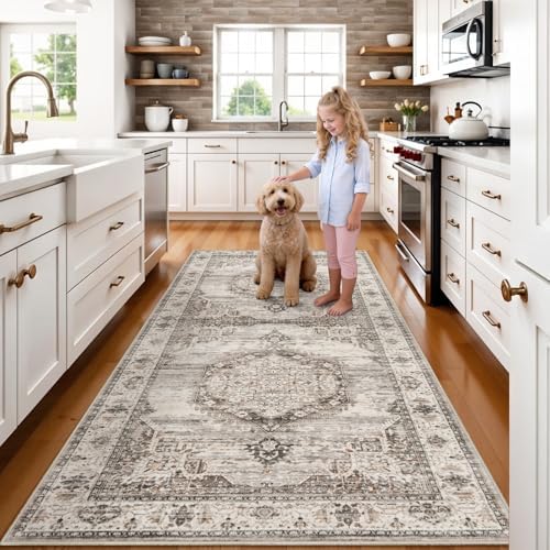 Washable Hallway Runner Rugs 4x8: Soft Ultra Thin Low Pile Carpet Machine Washable Indoor Lightweight Rug Runner Anti Slip Backing Rugs for Living Room Bedroom Kitchen 4'x8' Beige by YOUFORTONG