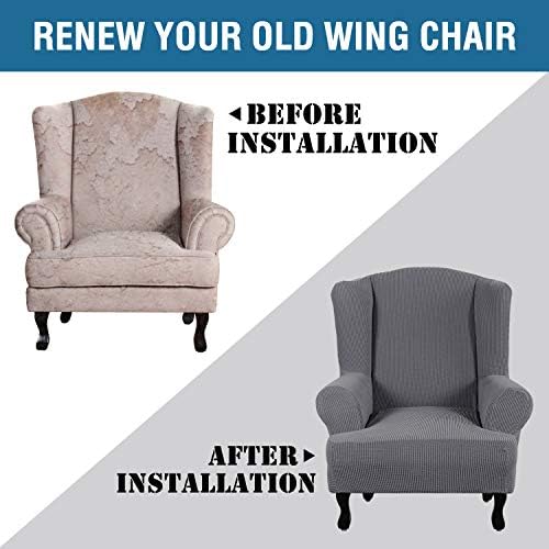 H.VERSAILTEX Wing Chair Slipcover Chair Covers for Wingback Chairs Wingback Chair Covers Slipcovers 1 Piece Stretch Sofa Cover Furniture Protector Spandex Jacquard Checked Pattern, Grey - Image 4