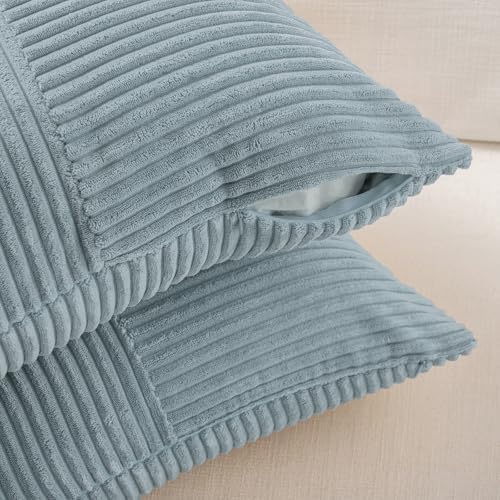Fancy Homi Set of 2 Light Blue Decorative Throw Pillow Covers 20x20 Inch for Living Room Couch Bed Sofa, Farmhouse Boho Home Decor, Soft Cross Corduroy Patchwork Accent Square Cushion Case 50x50 cm - Image 3