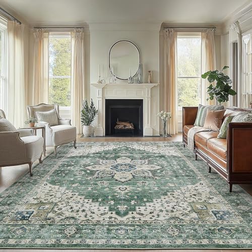 AMADA HOMEFURNISHING 8x10 Area Rug, Washable Low-Profile Large Area Rug with Non-Slip Backing & Durable Edge Binding, Vintage Large Rugs for Living Room, Bedroom by AMADAHOMEFURNISHING
