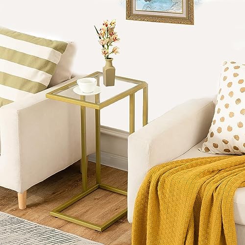 C-Shaped End Table, Side Table for Couch,Sofa Snack Table with Tempered Glass & Metal Frame,Small TV Tray Table for Small Space,Living Room, Bedroom, Bedside,Modern Style, Gold - Image 5