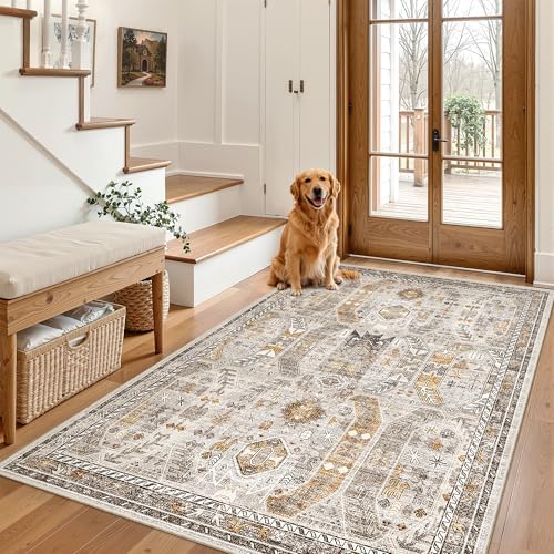 Madane Area Rug 3x5, Washable Vintage Entry Rugs for Bedroom, Brown/Gold by Madane