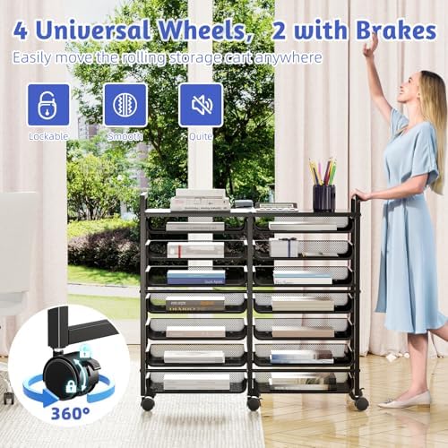 Simple Trending 15-Tier Rolling File Cart, Desk File Organizer with 14 Mesh Sliding Trays, Letter & Legal Paper Storage Rolling Utility Cart for Office Home School, Black - Image 5