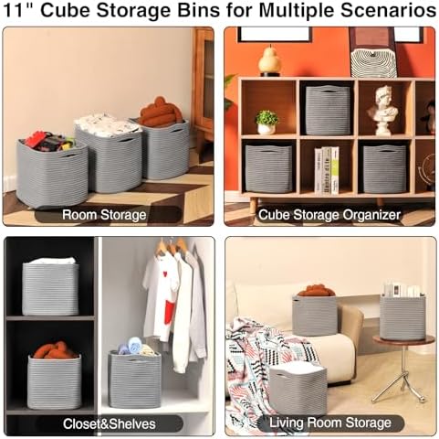 11 Inch Cube Storage Bins, 11x11 Organizer Bins for Cube Organizer, Square Cloth Storage Cubes, Woven Storage Baskets for Shelves, Toy Rope Baskets Storage Kids, Grey (Pack of 3) - Image 5