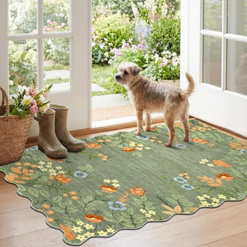 Floral Outdoor Rug - 28" x 43" Front Door Mat Indoor Outside Entrance Non-Slip Washable Outdoor Mat Sage Green Boho Flower Rug for Entryway Kitchen Bedroom Layered Doormat for Front Porch by Othilic