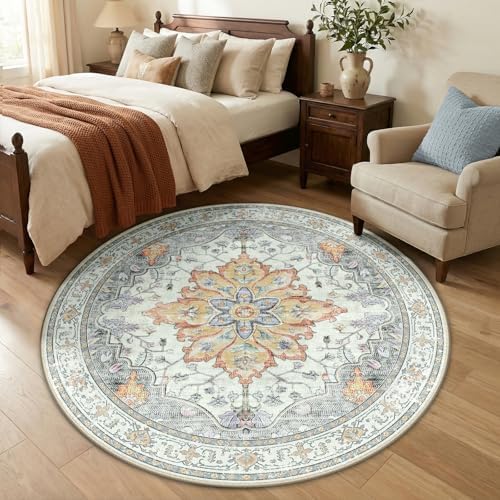 RELEANY Washable Area Rug, Round 5ft, Beige/Carbon Grey/Orange - Image 3