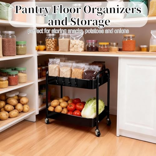 2 Pack Pantry Cart 2 Tier Small Rolling Cart with Wheels for Under Desk Storage, Short Rolling Utility Cart Large Basket Metal Kitchen Shelf with Mesh Laundry Room Organizer Side Table, Black - Image 3
