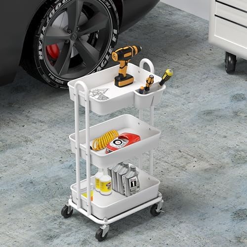 Simple Houseware 3-Tier Rolling Utility Cart with Hanging Bucket, White - Image 5