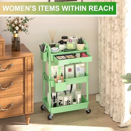 Goovilla 3 Tier Rolling Utility Cart Organizer with Removable Drawer, Green - Image 5
