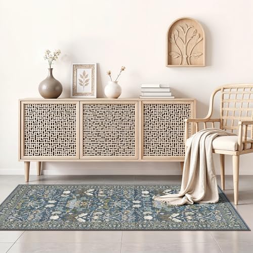 Washable 2x4 Entryway Area Rugs: Anti-Slip Thin Kitchen Carpet Indoor Light-Weight Doormat Ultra Soft Low Pile Nursery Room Rug Vintage Small Floor Mat for Hardwood Bedroom (2x4,Floral/Blue) - Image 5