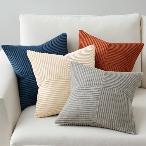 MIULEE Blue Rust Throw Pillow Covers 18x18 Inch Set of 4 Boho Farmhouse Cushion Cases Soft Corduroy Nordic Corduroy Pillow Cases Patchwork Home Decor for Couch Sofa Bedroom - Image 3