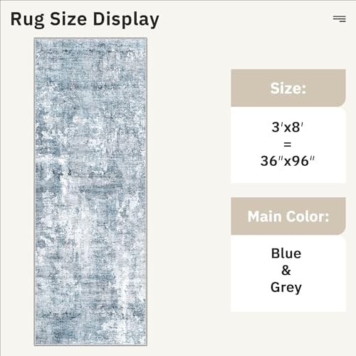 Soalmost Abstract Runner Rug 3x8 Hallway Kitchen Rugs Non-Slip, Blue/Grey - Image 5