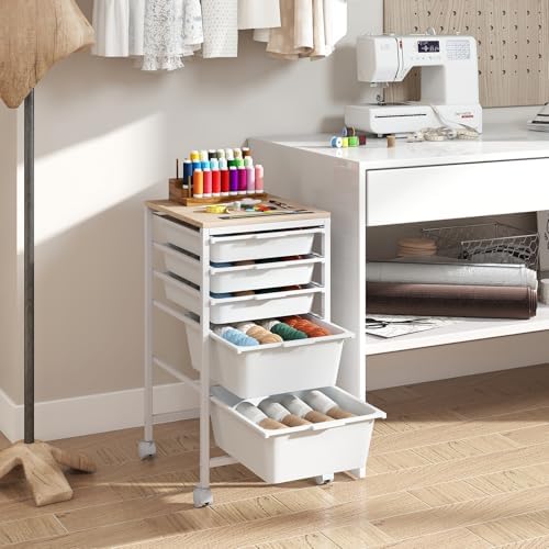 Giantex Rolling Storage Cart with 5 Drawers, Utility Cart w/Wooden Tabletop, Lockable Wheels, Multipurpose Organizer for Art Craft Books Paper, Drawer Carts for Dorm Classroom Office, White - Image 5