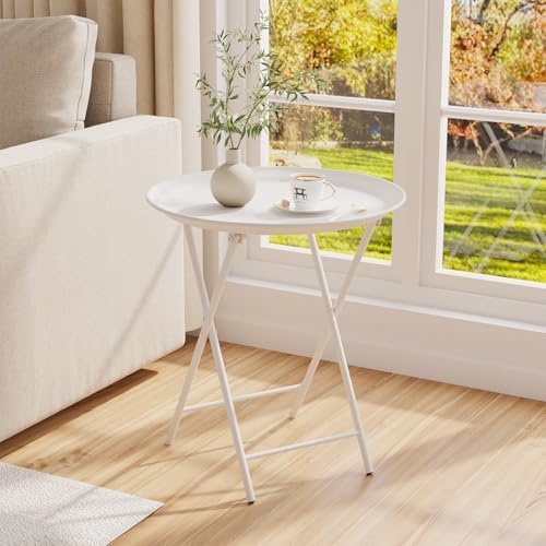 Garden 4 you Folding TV Tray Table, Metal Round Side Table, White Dinner Table with Metal Frame, Modern Outdoor Tray Table for Living Room, Bedroom, Patio & Small Spaces, 2 Packs - Image 2