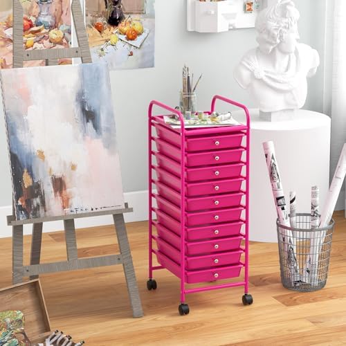 10-Drawer Rolling Storage Cart, Trolley w/Lockable 360° Wheels, 10 Removable PP Drawers, Sturdy Metal Frame, Rolling Utility Cart Perfect for Home, Office, Classroom (Hot Pink) - Image 7