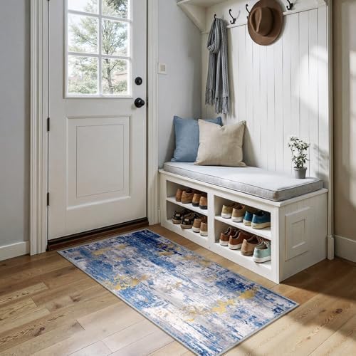 RELEANY Washable 2'x5' Abstract Area Rug for Living Room Blue Gold by RELEANY