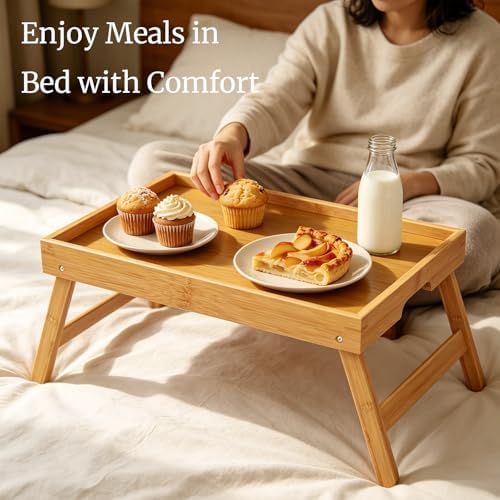 Fibogollo 2 Pack Bamboo Bed Tray Table with Folding Legs,Breakfast Trays,Serving Tray for Food and Snack,Laptop Trays for Working(Natural) - Image 2