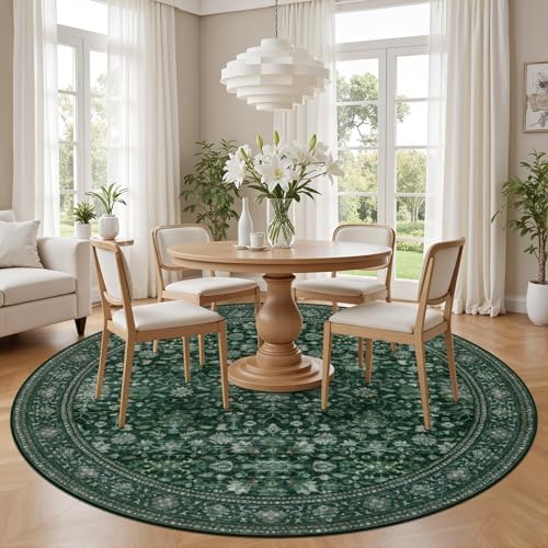 Round Area Rug for Living Room: 6ft Boho Washable Rug Deep Green - Image 3