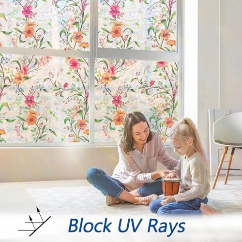 Stained Glass Window Film Decorative for Glass, Bathroom Window Privacy Film Static Cling, Rainbow Window Cling UV Blocking Non-Adhesive for Home Office Door (Floral, 17.5" x 78.7") - Image 4