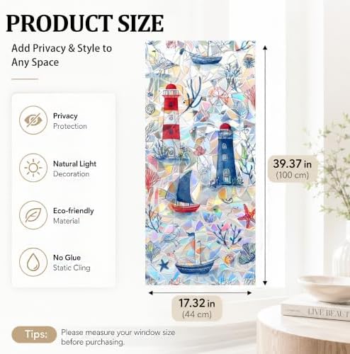 Nautical Lighthouse Sailboat Window Privacy Film 17x39in Static Cling PVC - Image 2