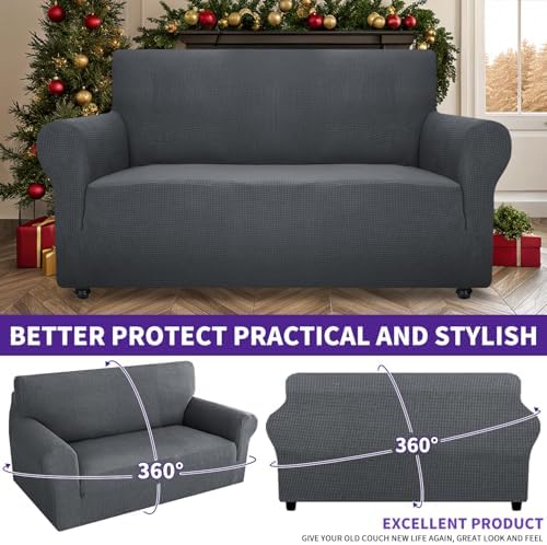 ZNSAYOTX Super Stretch Couch Cover Love Seat Sofa Covers for Living Room Dogs Pet Friendly Furniture Protector Spandex Loveseat Slipcovers with Anti Slip Foam Sticks (Dark Grey, Loveseat) - Image 2