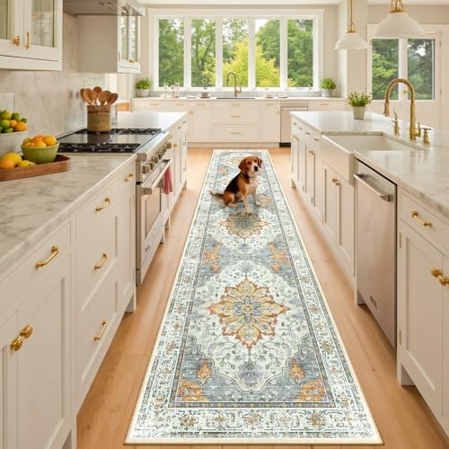 RELEANY Washable Area Rug, Runner 2'x10', Beige/Carbon Grey/Orange by RELEANY
