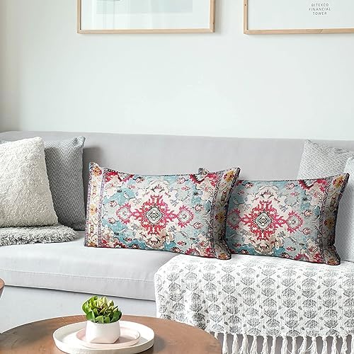 Snycler Boho Throw Pillow Covers 12x20 inch Set of 2 Boho Rug Carpet Double Sided Pattern Cotton Soft Pillow Case Cushion Cover Pillowcase for Couch Sofa Bed Decorative (Rose Red) - Image 4