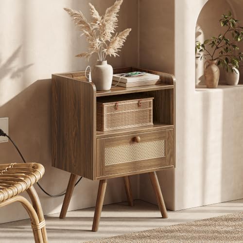 SUPERJARE Nightstands Set of 2, Night Stands with Charging Station, Walnut - Image 5