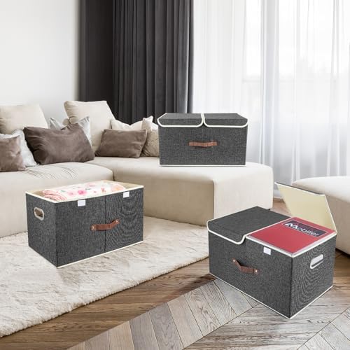TYEERS Extra Large Collapsible Storage Bins with Lids and Compartments, Washable, Fabric Storage Boxes, 21.7x13x11.8 inches, 3 Pack, Black - Image 7