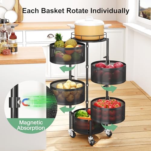SAYZH 5 Tier Fruit Vegetable Basket Stand for Kitchen, Rotating, Black - Image 2