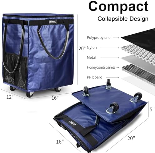 (Medium, Navy) Reusable Grocery Bag on Wheels, 70L Foldable Rolling Tote, Extra Storage for Shopping, Zipper Clouser Shopping Carts for Groceries, Laundry, Organization, Moving,4 Heavy Duty Wheels - Image 6