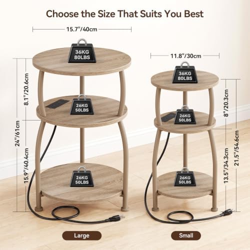 Round Side Table with Power Outlet, USB Type C Port, 3-Tier End Table - Image 3