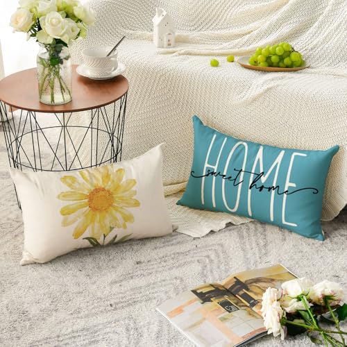 AVOIN colorlife Home Sweet Home Spring Summer Flowers Yellow Throw Pillow Covers, 12 x 20 Inch Blue Cushion Case for Sofa Couch Set of 4 - Image 4