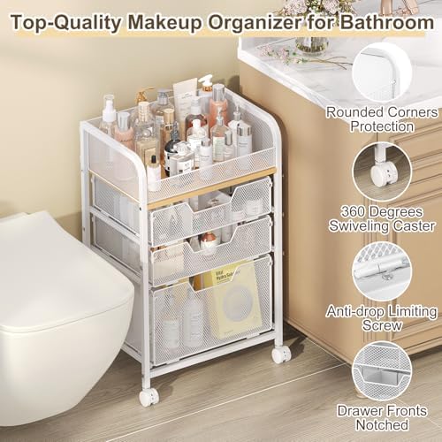 Hongtamoya Makeup Organizer Cart with Drawers, Floor Skincare Organizers Make Up Organizers Vanity Organizer Cosmetic Display Cases Holder for Skin Care Perfume Nail Polish Brush Hair Tool, White - Image 4
