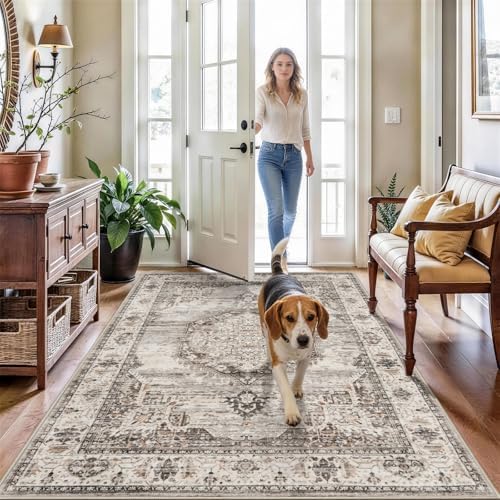 Washable Area Rugs 4x6 Entryway: Soft Ultra Thin Low Pile Mat Machine Washable Indoor Doormat Lightweight Entry Rug Anti Slip Backing Rugs for Living Room Bedroom Kitchen 4'x6' Beige by YOUFORTONG