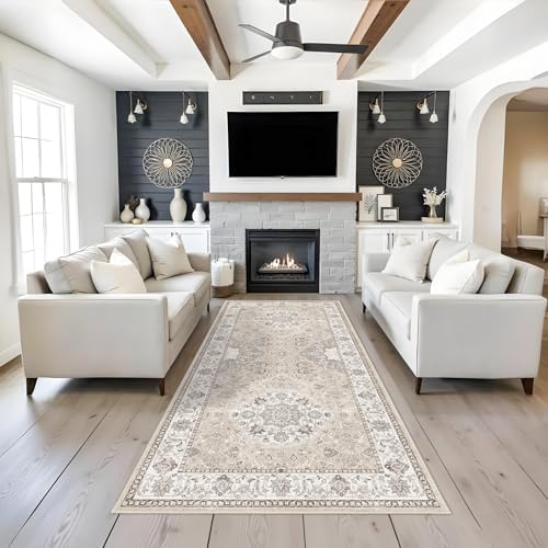 Washable 4x8 Hallway Runner Rug: Vintage 8ft Soft Runners for Entry Kitchen Wide Non Slip Low Pile Carpet for Living Room Bedroom Thin Water Resistant Carpet for Bathroom Dining Room Foyer(Beige,4x8) by HYHAOYUNLAI