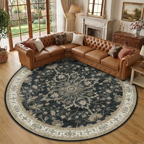 RELEANY Washable Area Rug, Round 10ft, Black/Vintage/Beige by RELEANY