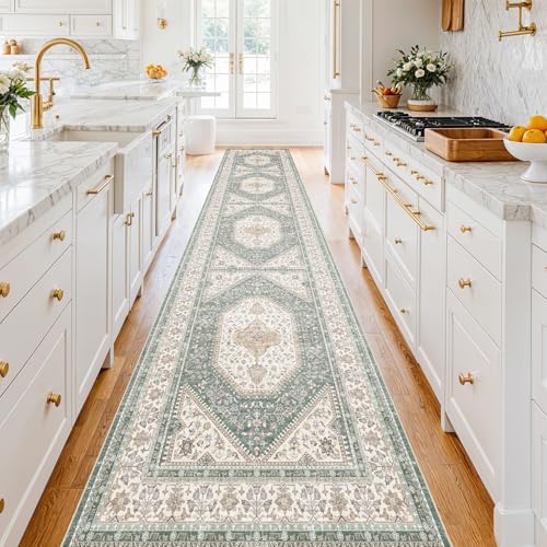 3x16 Washable Hallway Runner Rug - Non-Slip Wide Vintage Rugs Green Beige by Puino