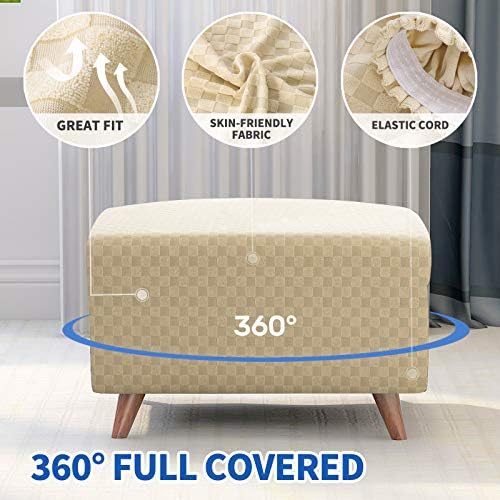 MAXIJIN Jacquard Ottoman Cover Slipcovers Folding Storage Stool Furniture Protector Cover Soft Thick Rectangle Foot Rest Slipcover with Elastic Bottom (Ottoman Small, Light Beige) - Image 3