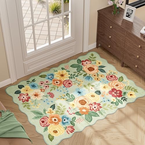 DUKINO 2x3 Rugs for Entryway, Floral Door Mat Washable Kitchen Rugs, Green - Image 3