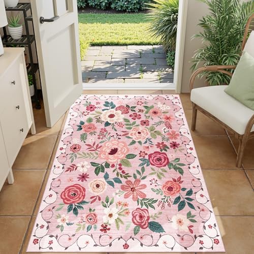 DUKINO 3x4 Area Rug, Floral Washable Rug for Kitchen Non Slip, Pink - Image 3