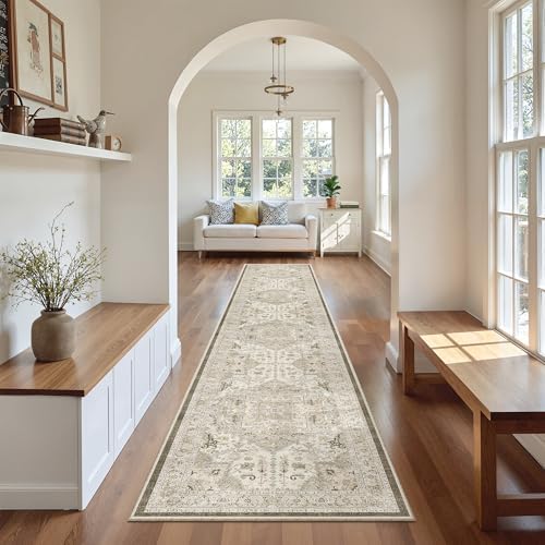 Madane Washable Runner Rugs 2x12 Long for Hallway Kitchen Soft, Ivory/Brown by Madane
