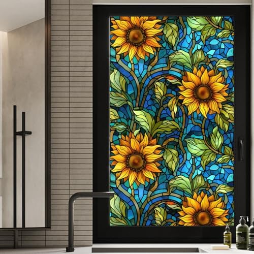 Sunflower Stained Glass Window Film Nonadhesive Privacy 17.5"x78.7" by WBQMUNY