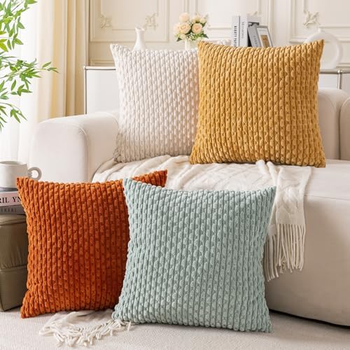 Set of 4 Yellow Rust Aqua Decorative Throw Pillow Covers 22x22 Inch Corduroy Pillow Covers for Bed Couch Sofa Living Room Soft Square Cushion Cases by Cozoomy