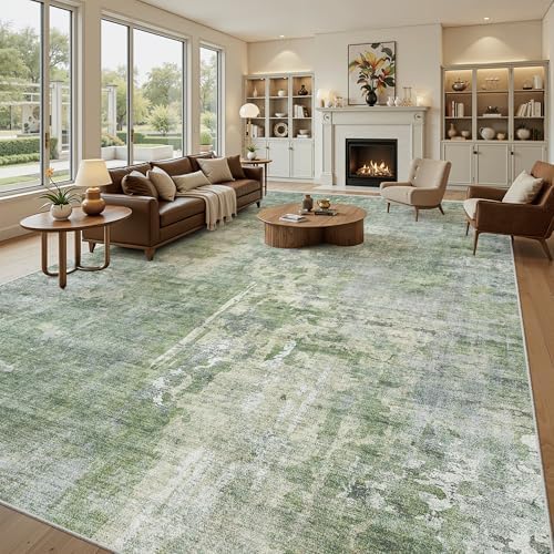 Soalmost 10x14 Area Rugs for Living Room Washable Rug Abstract Green/Ivory - Image 2