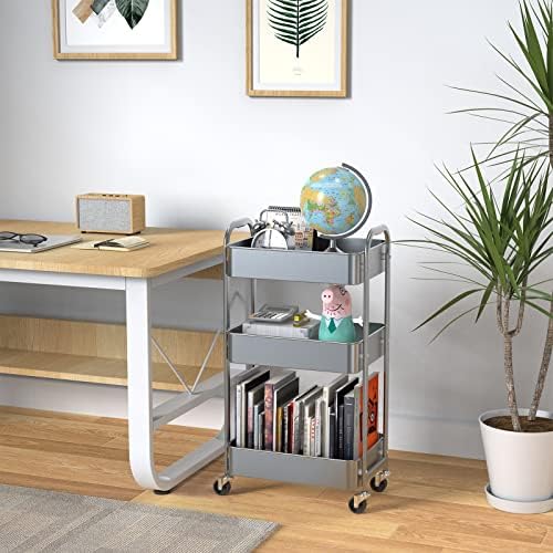 MAX Houser 3-Tier Rolling Utility Cart with Caster Wheels, Silvery-Grey - Image 4