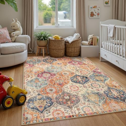 Lahome Moroccan Washable Area Rugs 9x12 Living Room, Soft 9x12 Area Rug for Bedroom, Oriental Non-Slip Non Shedding Throw Large Carpet for Dining Room Office Elise, Cream/Multi - Image 3