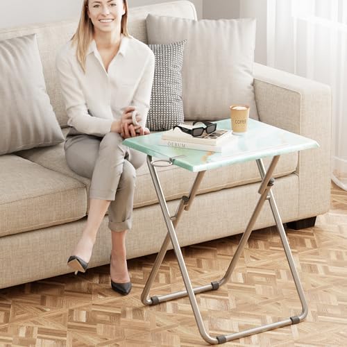 TV Trays Table Set of 4 Portable Folding TV Tray Table TV Dinner Tray with Sturdy MDF, Small Folding Tables with Phone & Tablet Slot, No Assembly Required, 15 x 18.9 x 25.6 in (Sea Blue Marble, 4Pcs) - Image 7